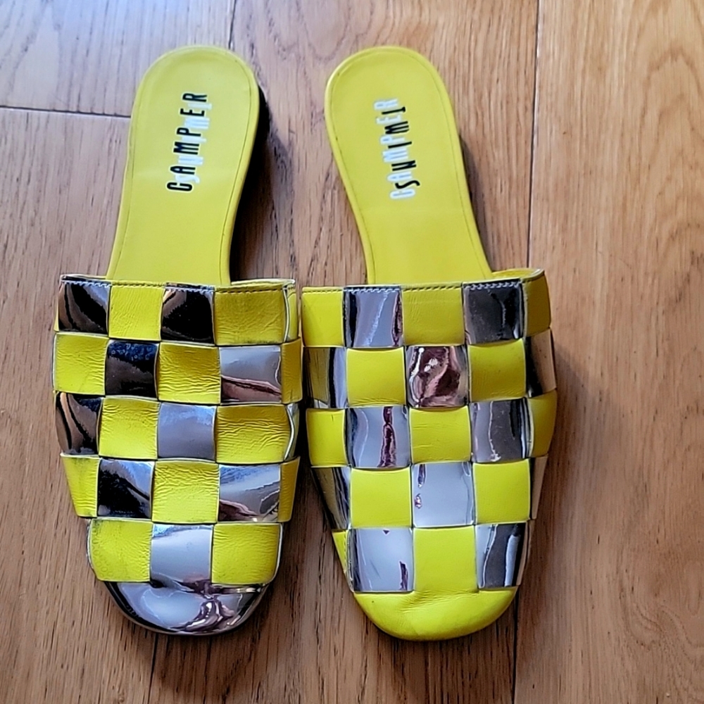 Camper twins slides in leather silver and yellow size 38